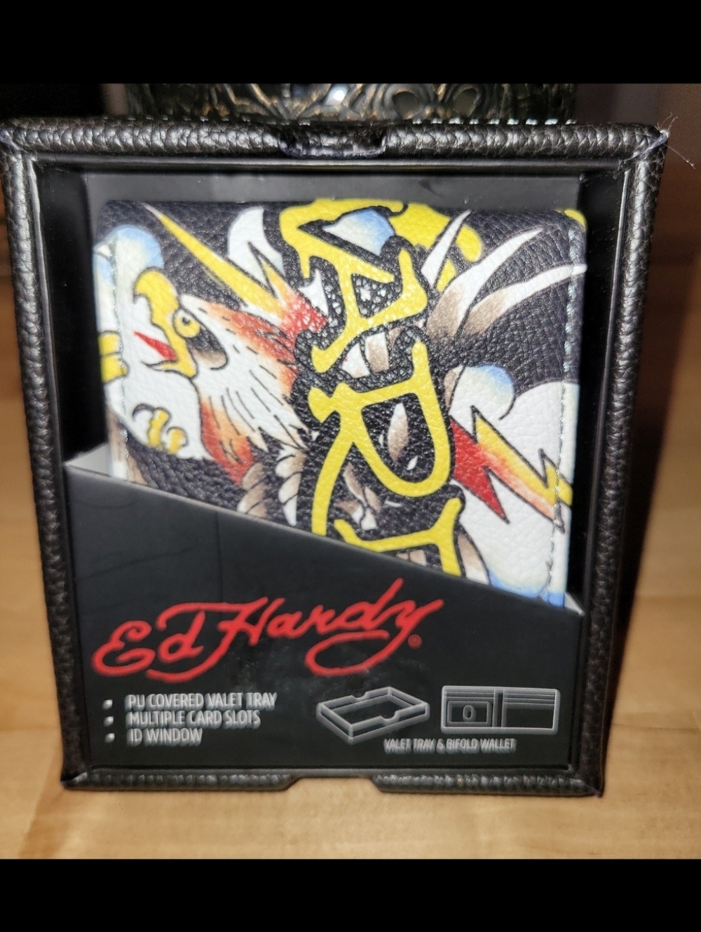 Ed Hardy Black Wallet with Red Logo and Yellow Graphic Accent